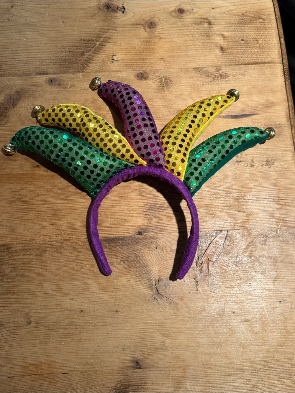 Unique Mardi Gras Jester Headband Purple Green & Gold Sequins, Bells